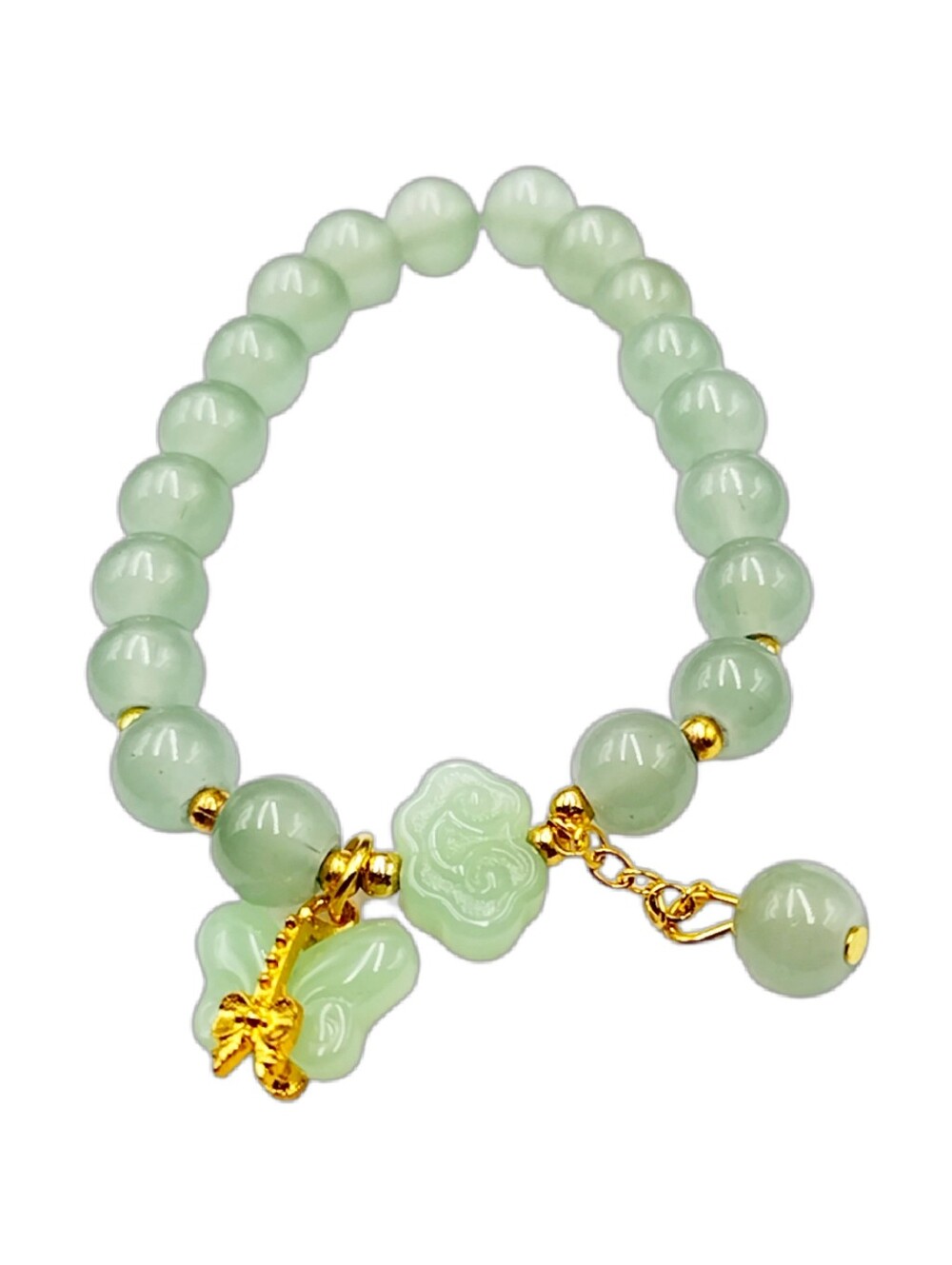 Green Glass Beads Stretch Bracelet w/ a Butterfly Gold Accent